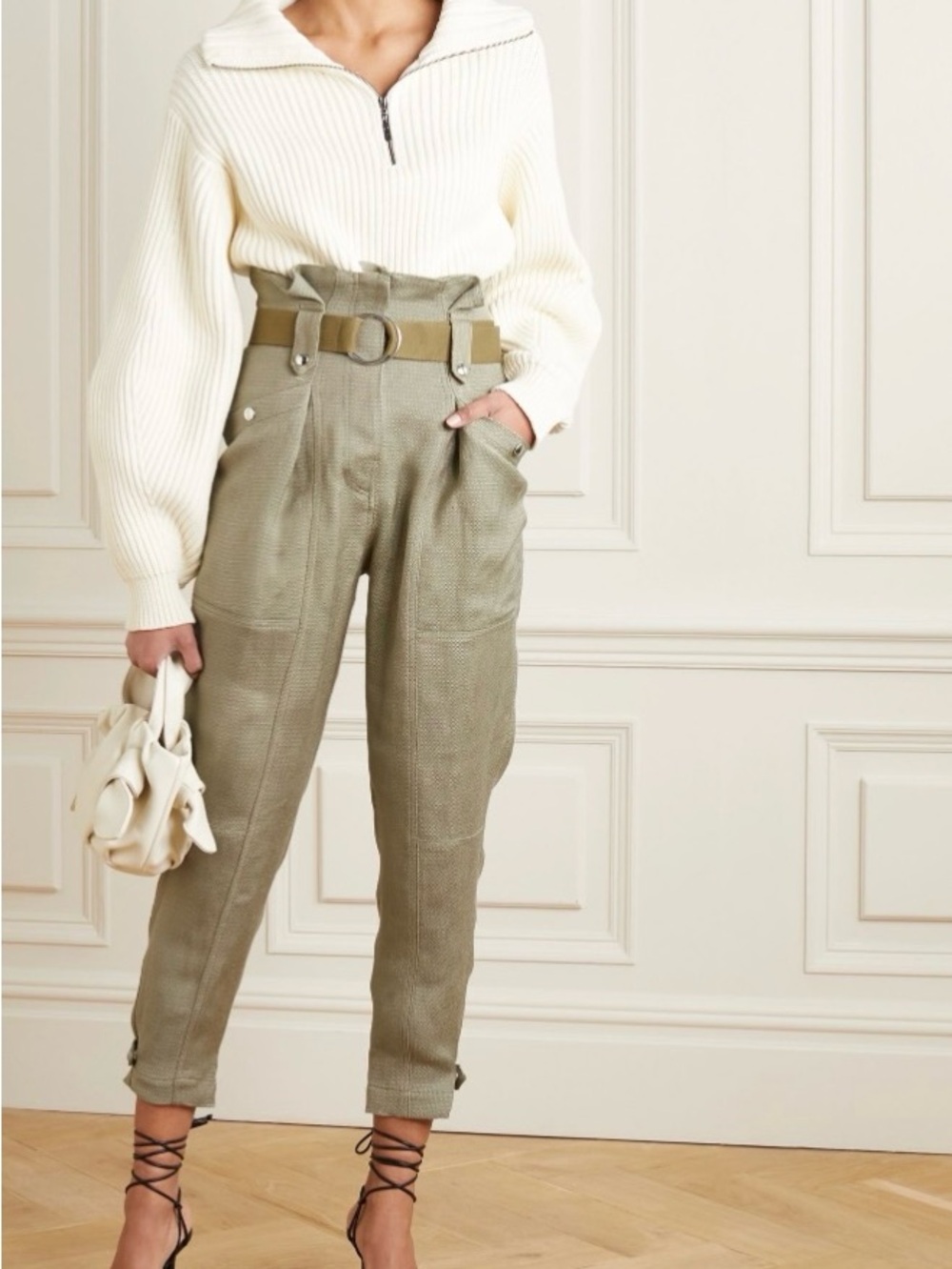 IRO “Mohon” Belted Paperbag Trouser in Olive — Size FR 40 (US 8-10)